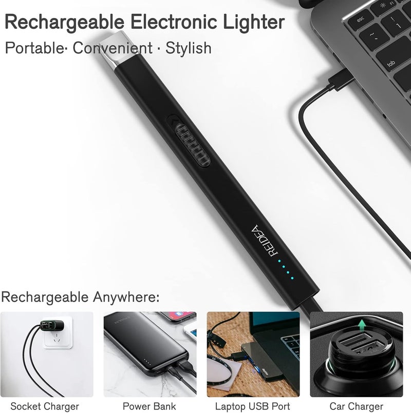 REIDEA ولاعة كهربائية 2 حزمة، مقاومة للرياح بدون لهب قابلة لإعادة الشحن عبر USB مع زر أمان ومؤشر طاقة للشمع والشواء والألعاب النارية، أسود أوبسيديان - Image 4